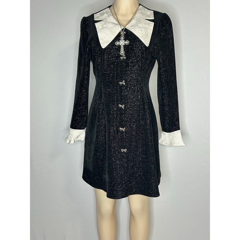 Black Glitter Goth Babydoll Dress XL White Collar Heavy Knit Wednesday Addams